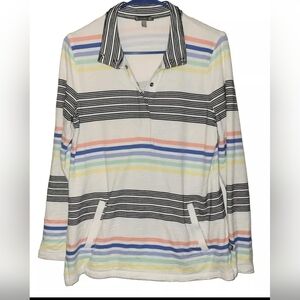 Talbots SPF50 White Stripe  Pullover Collar Knit Pocket  Sun Protect Size Small